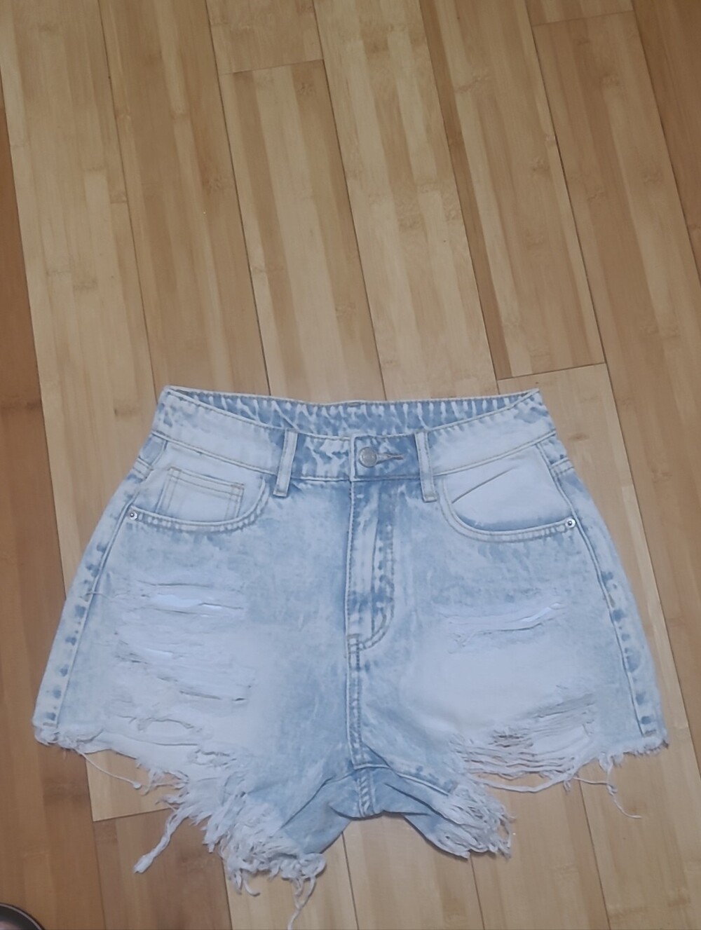 High-Waist Distressed Denim Shorts - Light Blue